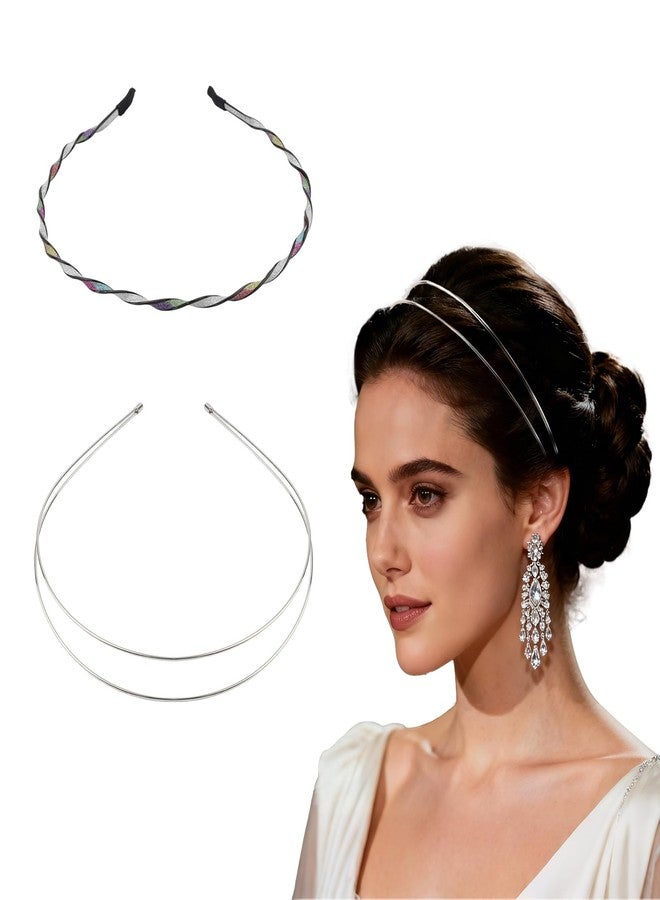 LUSTRIB 2 Pcs Thin Headbands for Women, Silver Double Headband & Colorful Metal Headband, Fashion Simple Metal Hair Bands Adjustable Hair Accessories for Daily & Party - Image 1